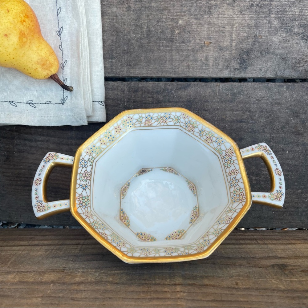 T&V Limoges France Depose Hand Painted  Bowl with Gold Handles